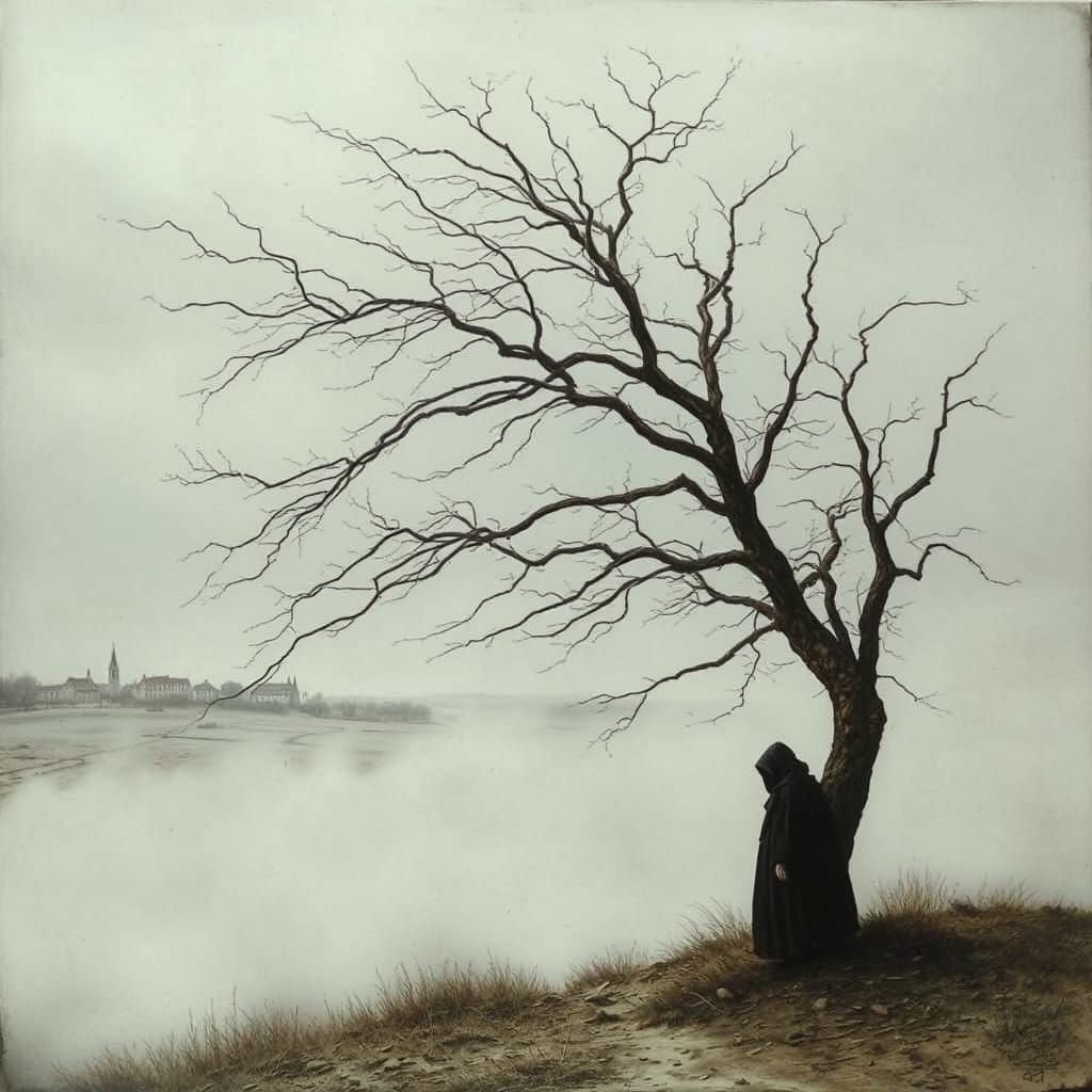 Enigmatic Figure in Windswept Landscape