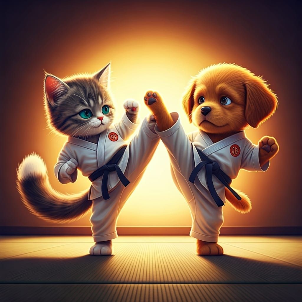 Kitten vs Puppy Karate Match: Pixar-Style 3D Art