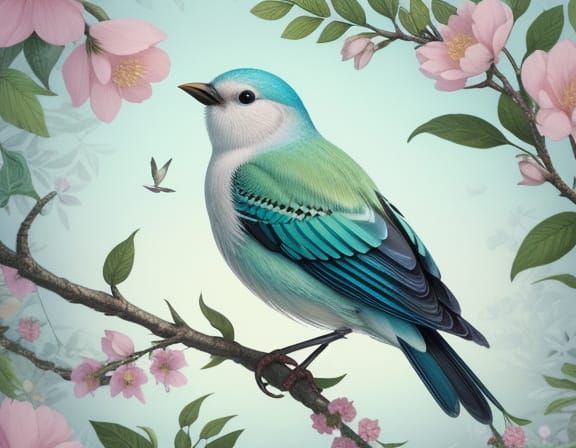 Whimsical Bird Illustration in Soft Pastel Lighting