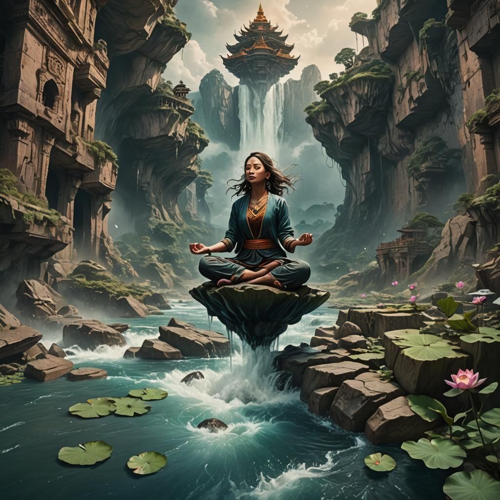 Woman Meditating Above River in Detailed Matte Painting