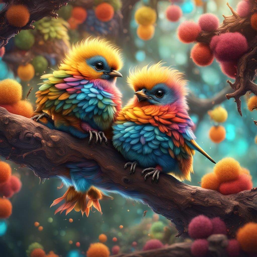 Colorful Fluffy Baby Birds: Detailed Digital Painting