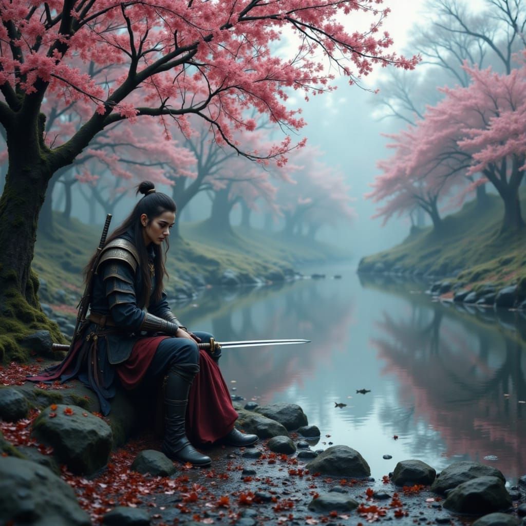 Ronin Meditating by Koi Pond in Mist