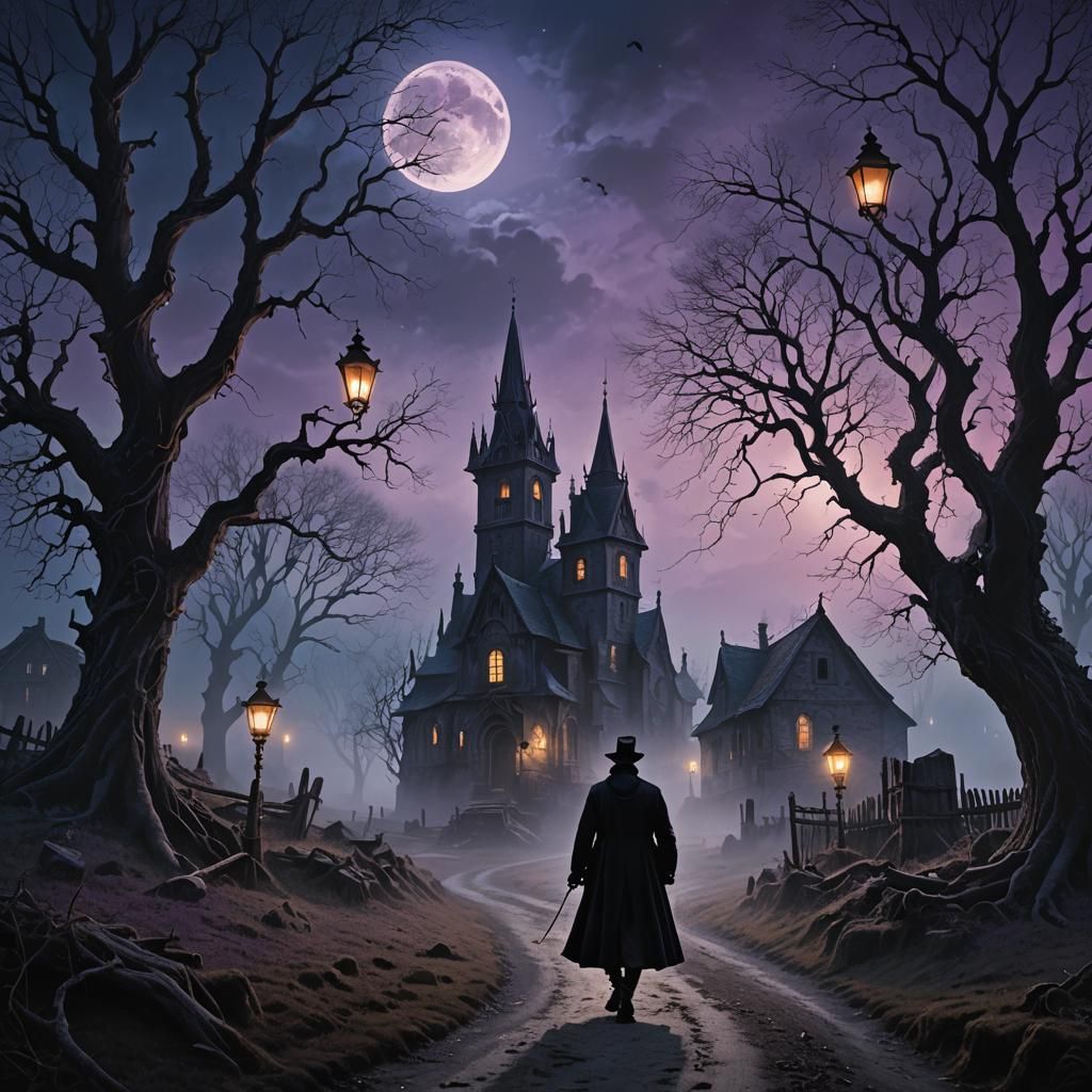 Dark Fantasy Traveler in Abandoned Gothic Village