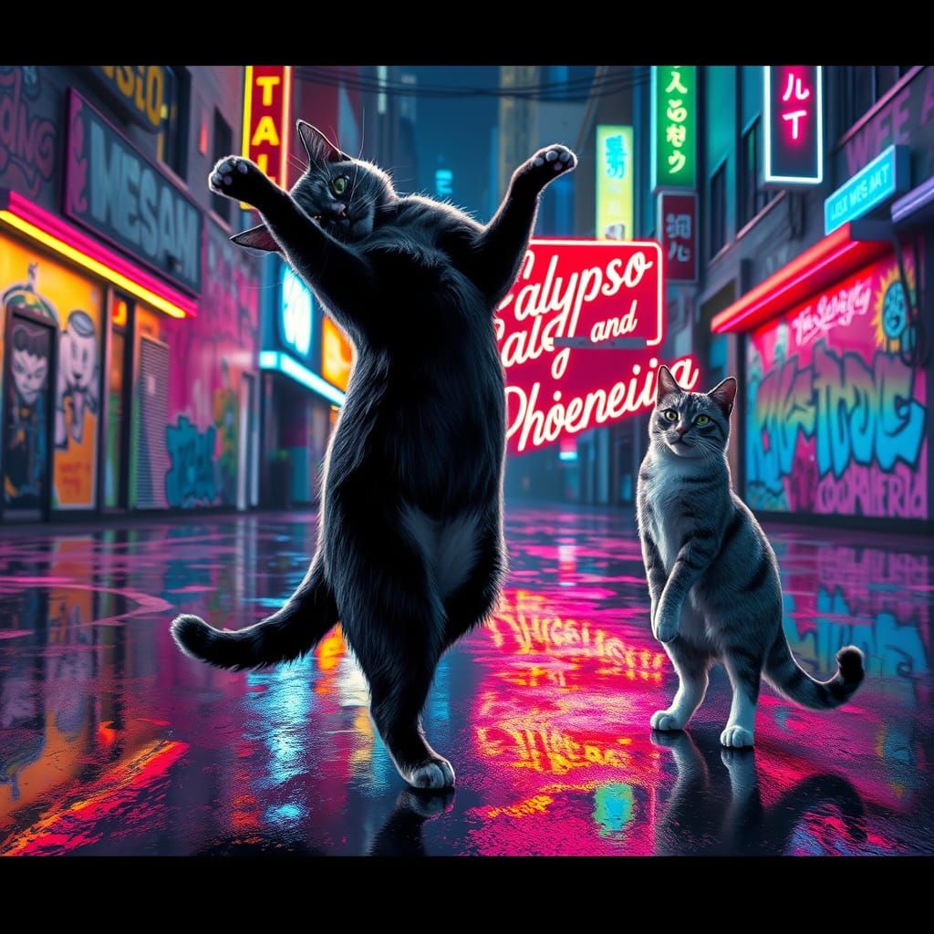 Cyberpunk Feline Breakdancers in Neon City