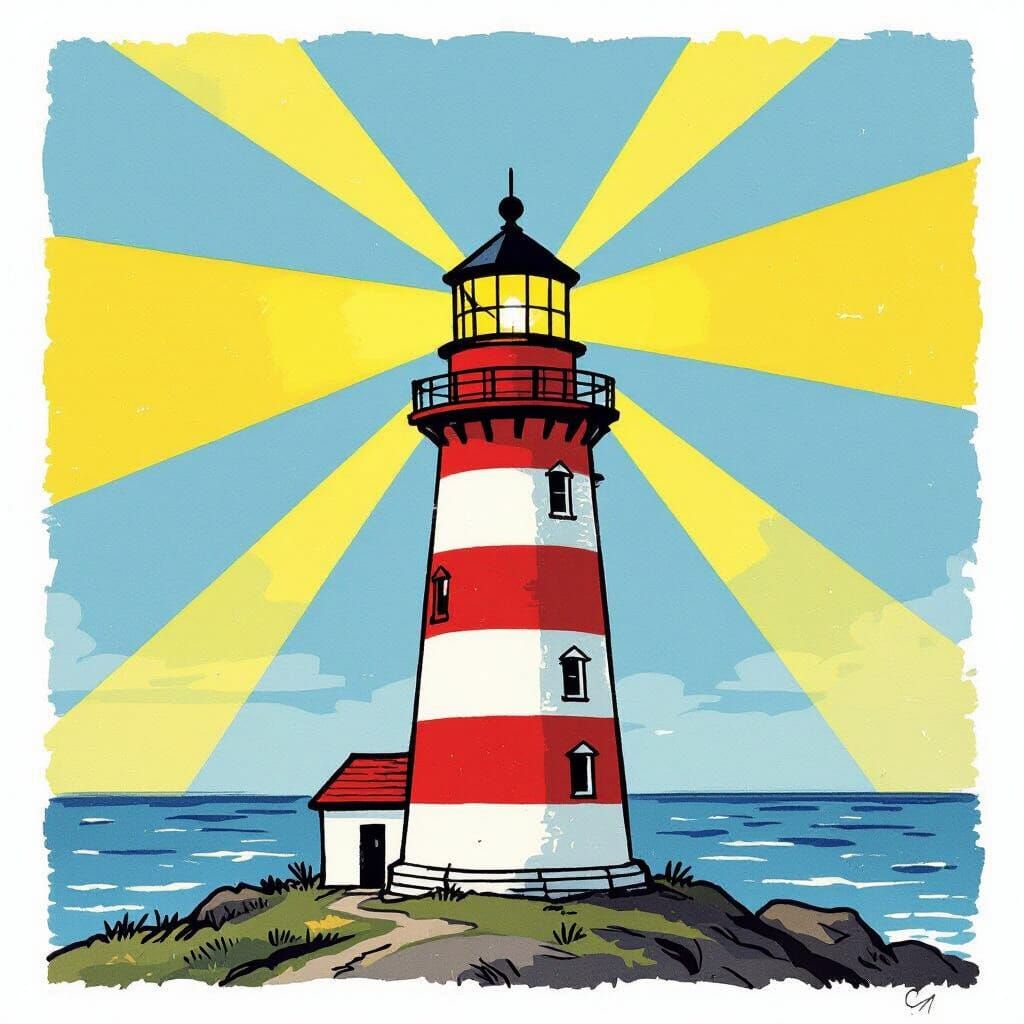Gouache Lighthouse Painting with Cross Shaped Light Beams