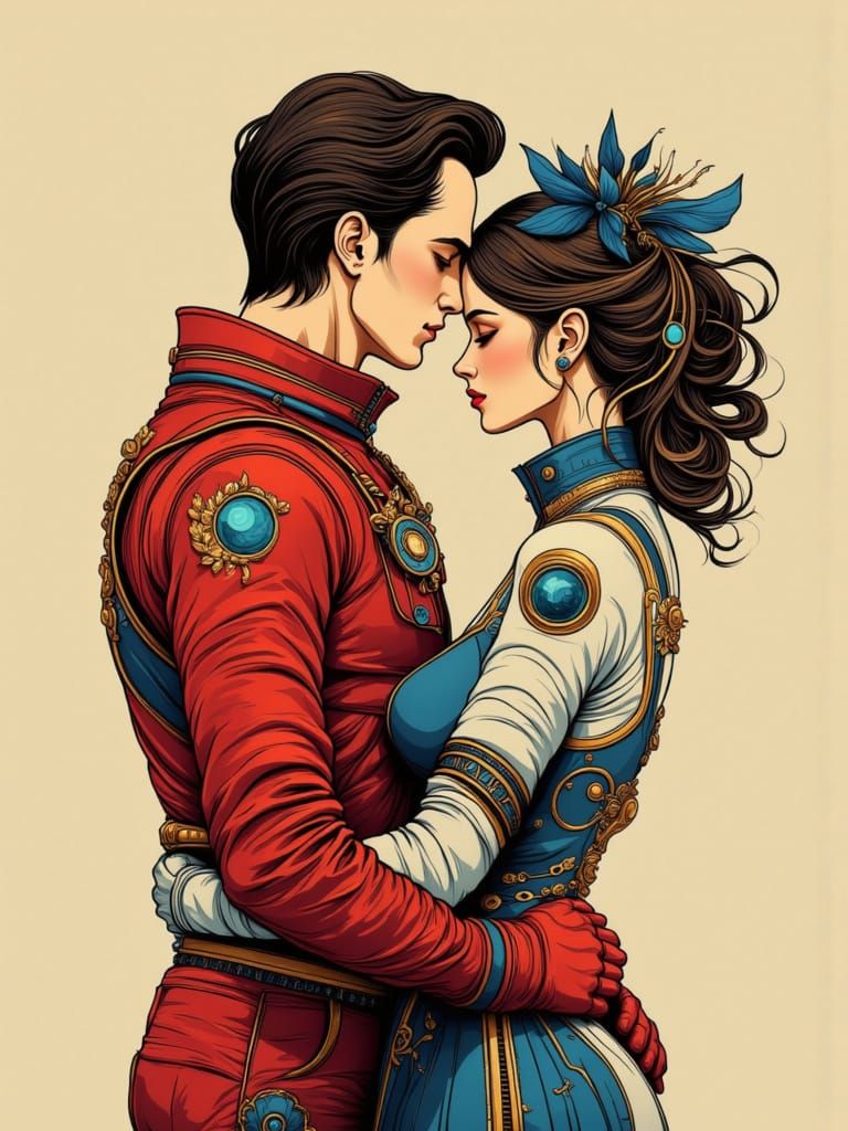 Retro Futuristic Astronauts Embrace in Bold Art Nouveau Styl...