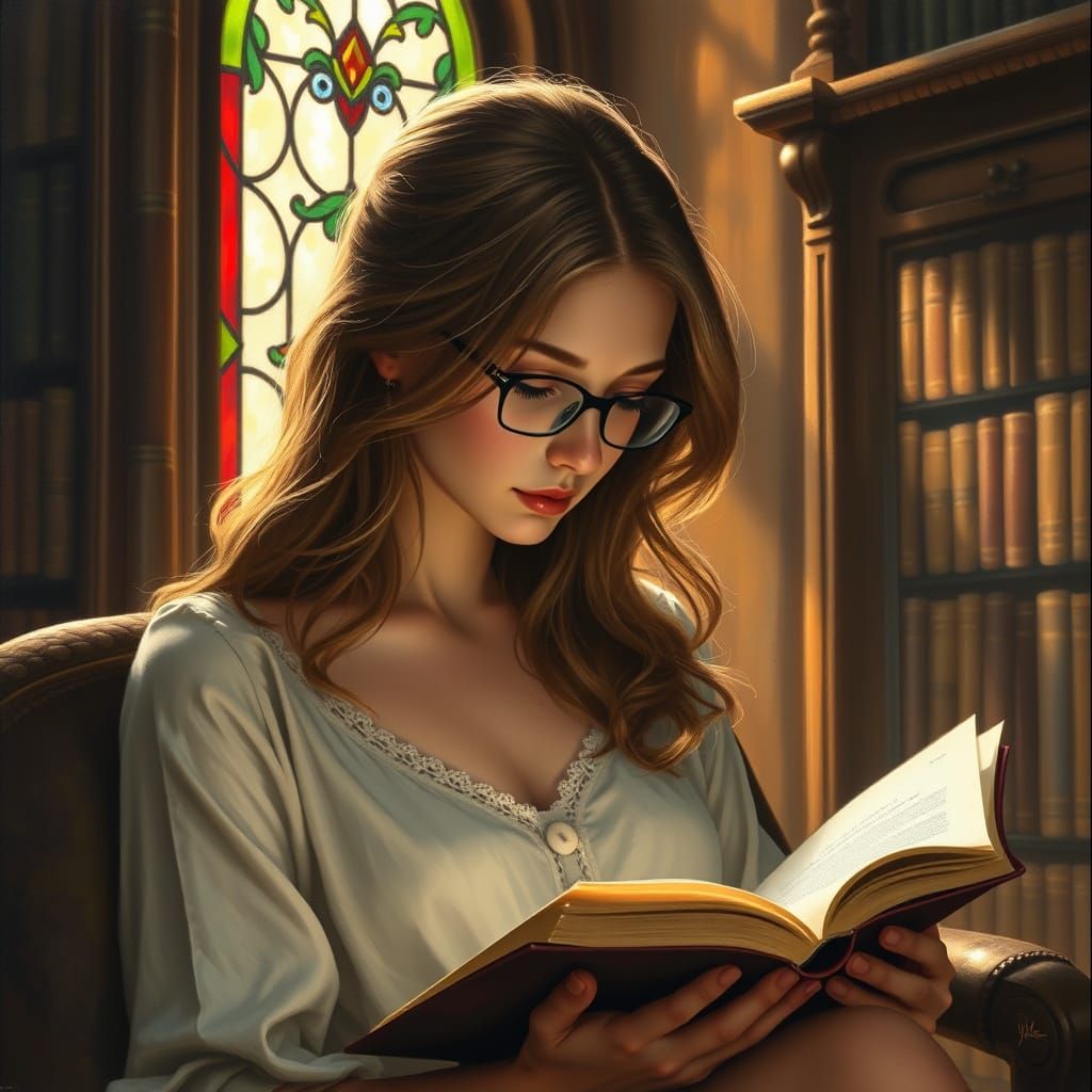 Woman Reading Book in Library with Soft Hair and Glasses