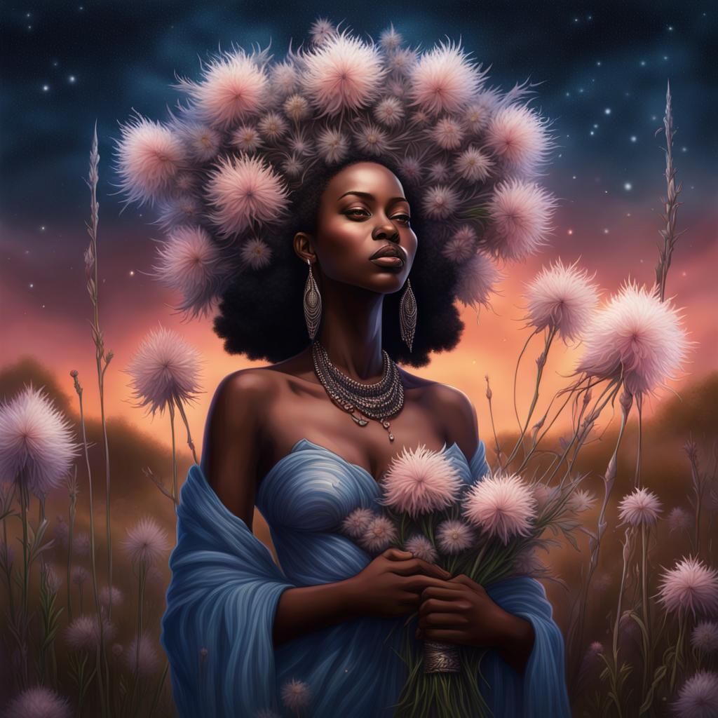 African Goddess with Prairie Smoke Flowers