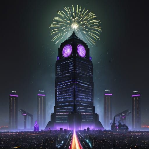 Vibrant New Year's Eve Cityscape in Neon-Lit Futuristic Styl...