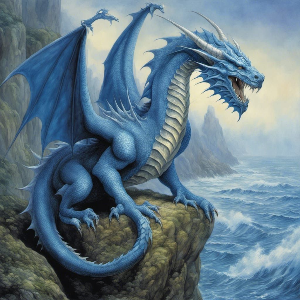 Blue Dragon Over the Sea: Fantasy Art