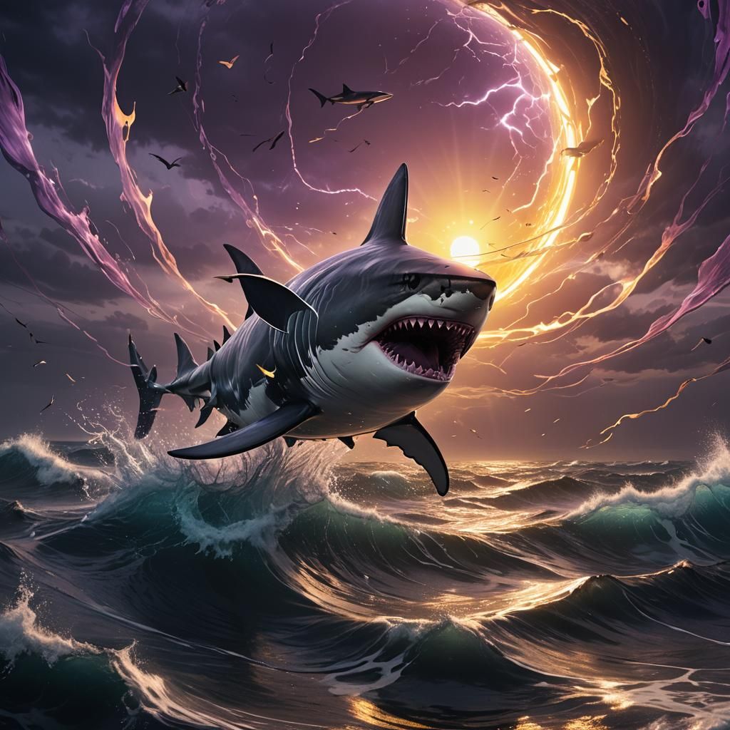 Shark Soaring Above Ocean in Science Fiction Style