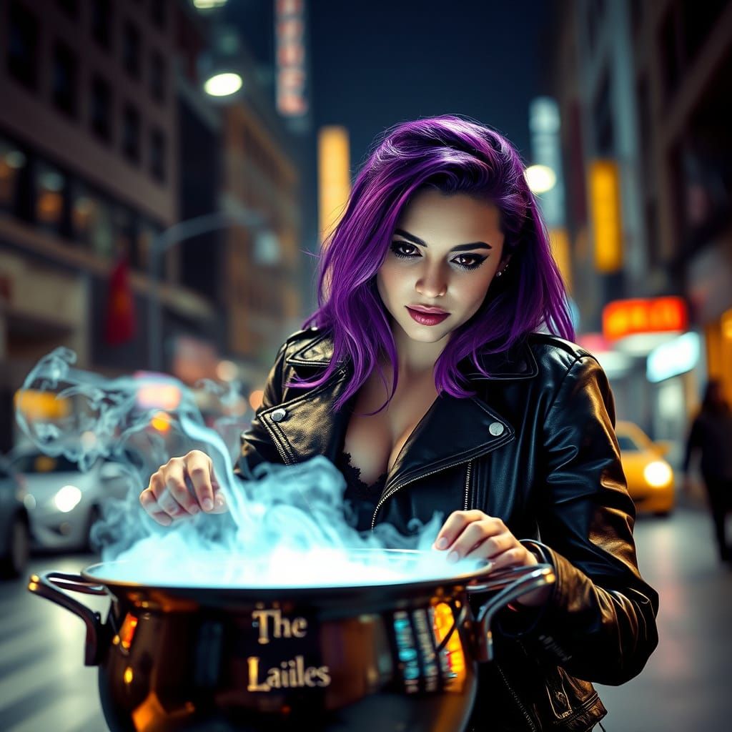 Modern Witch with Purple Hair and Magic Potion