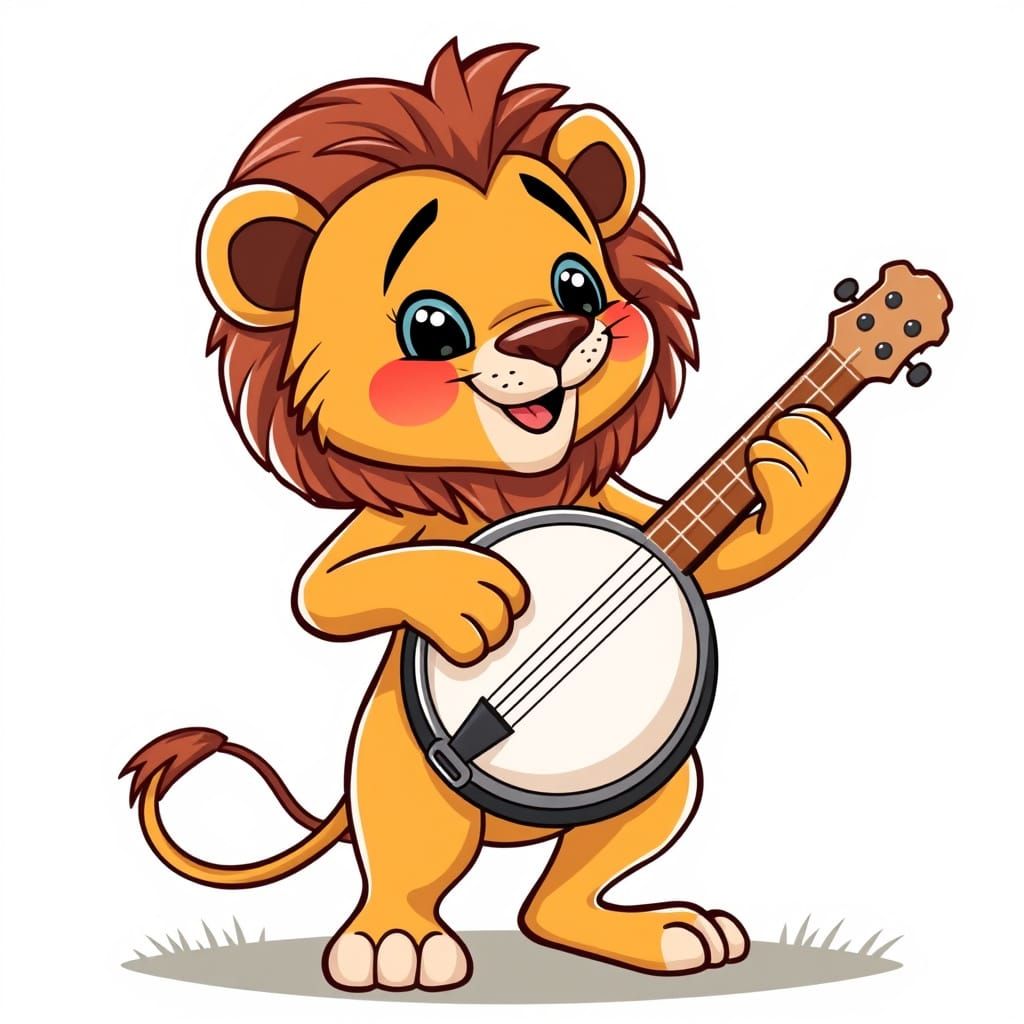 Cartoon Lion Plays Banjo