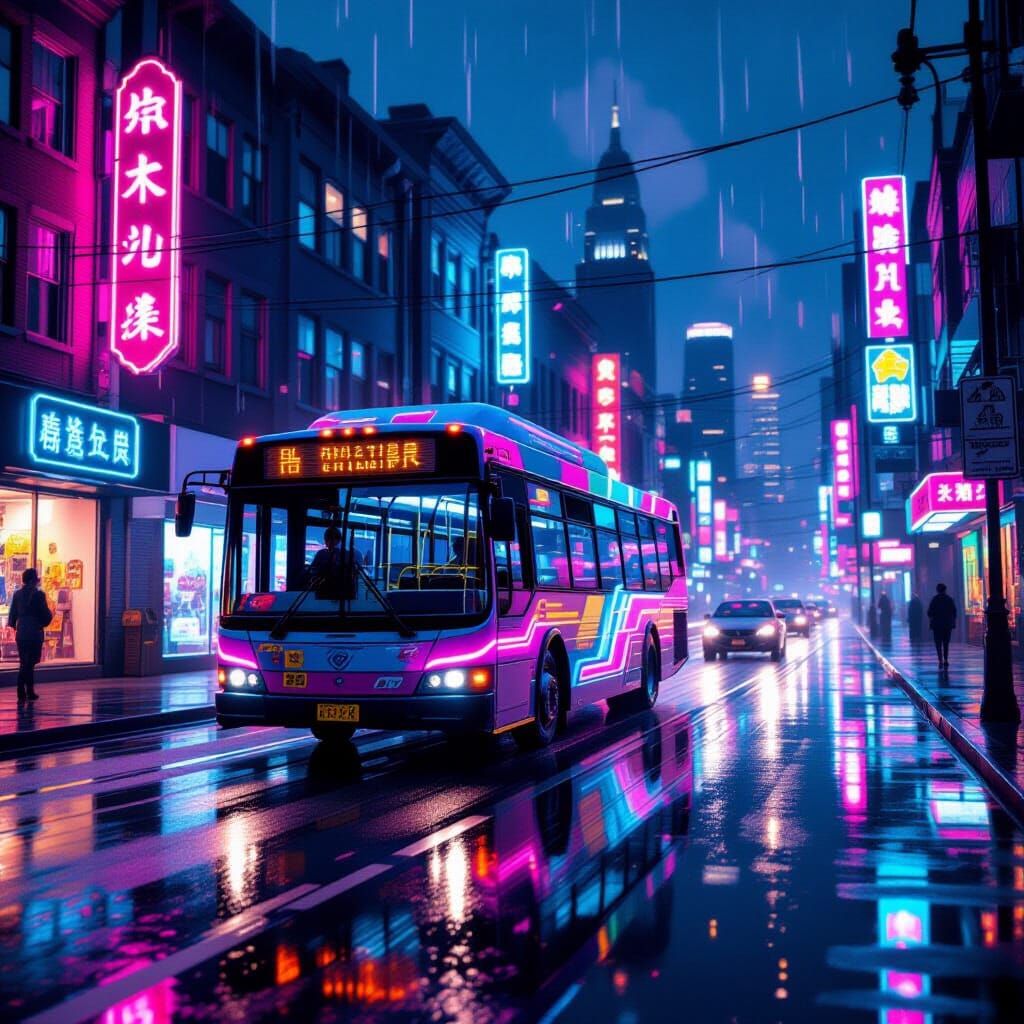 Neon City Bus in Synthwave Style
