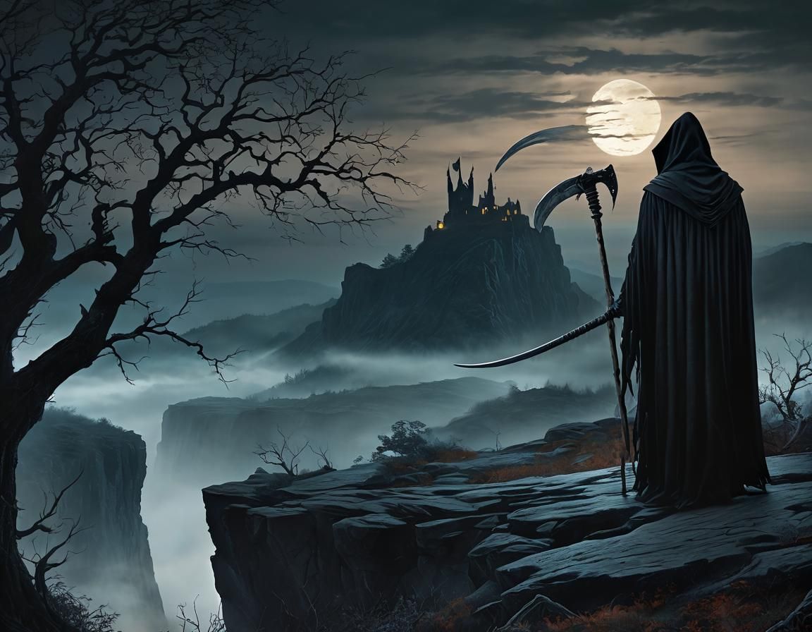 Grim Reaper at Dusk: A Gothic Oil Painting