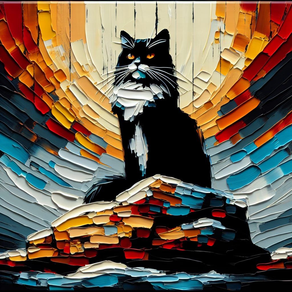 Majestic Tuxedo Cat on Rock in Palette Knife Style