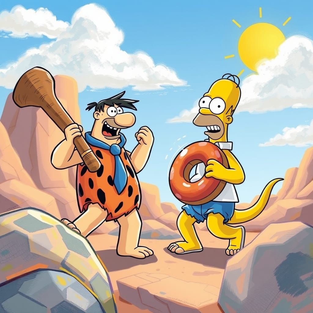 Fred Flintstone fights against Homar Simpson ,Soft pastel colors. Friendly atmosphere. Honeycomb textures. Best quality....