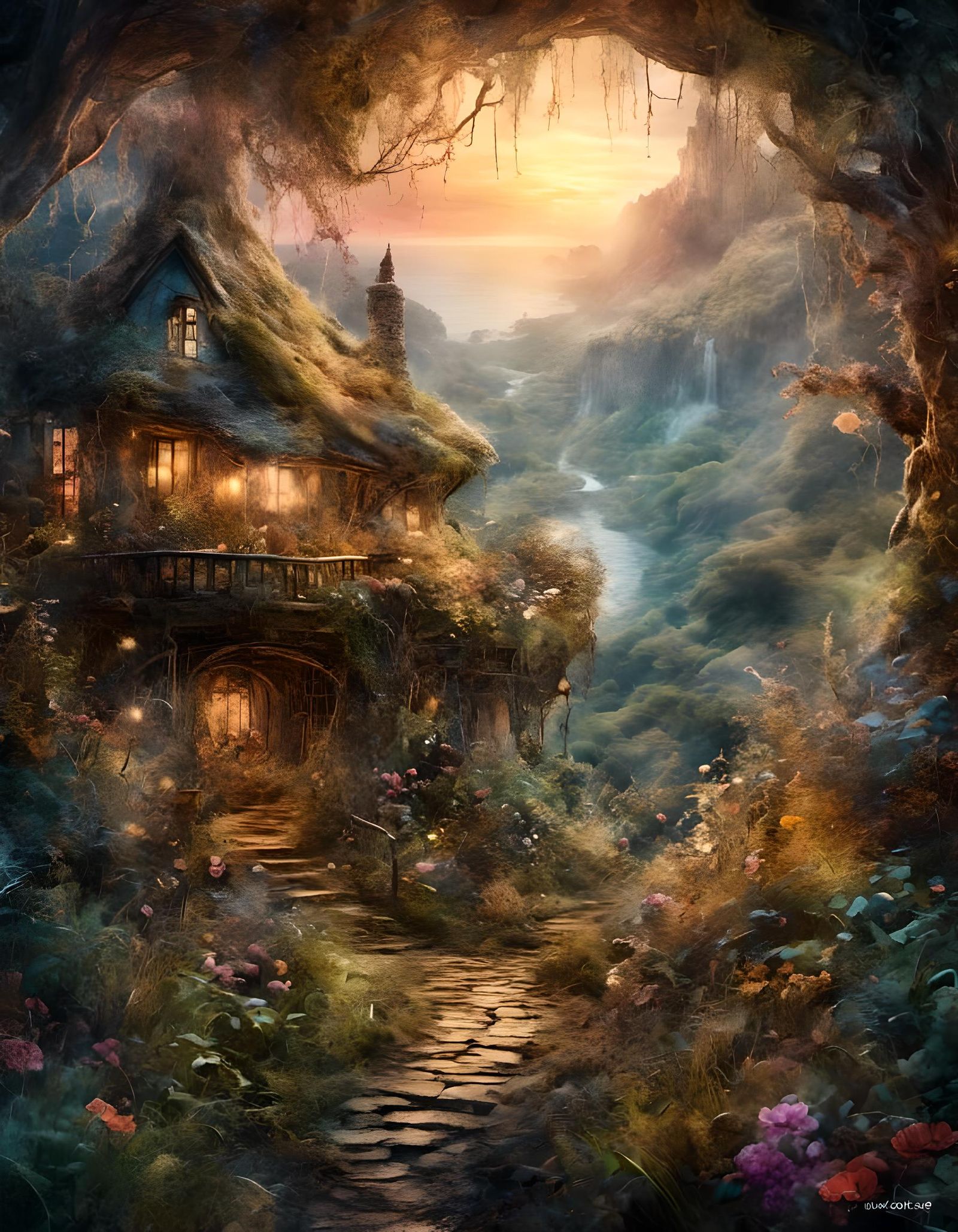 Magical Fairy Garden at Sunset in Watercolor Style