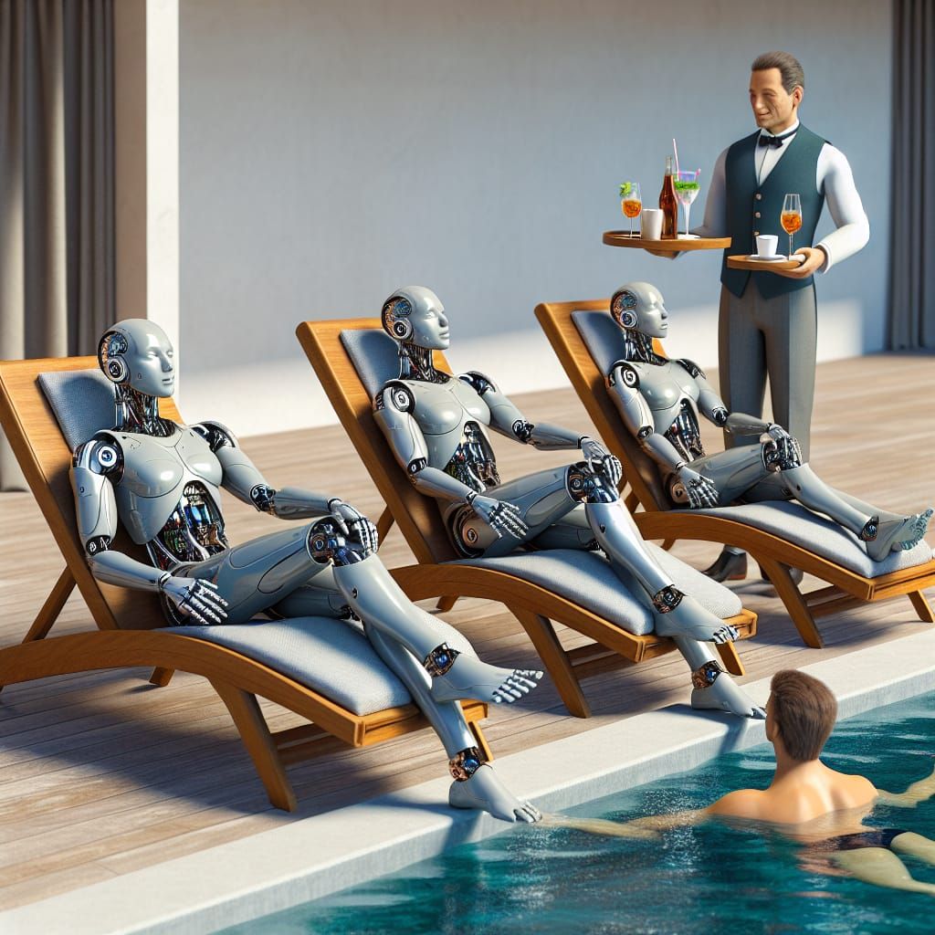 Androids Relaxing Poolside, Served by Human Butler