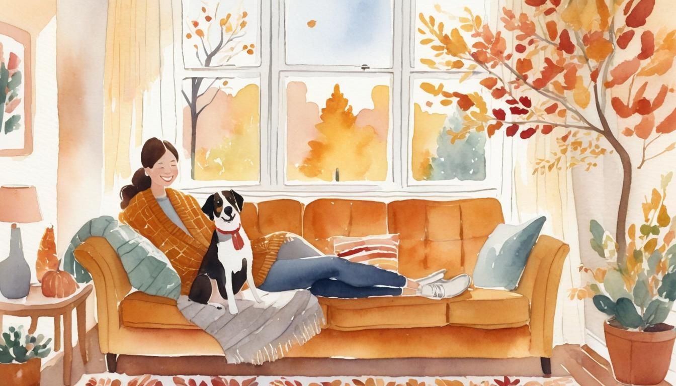 Cozy Autumn Scene: Watercolor Illustration of Woman and Dog