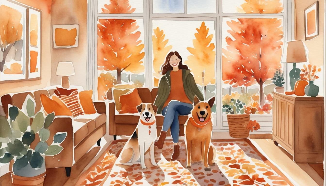 Whimsical Watercolor: Woman and Dog in Autumnal Room
