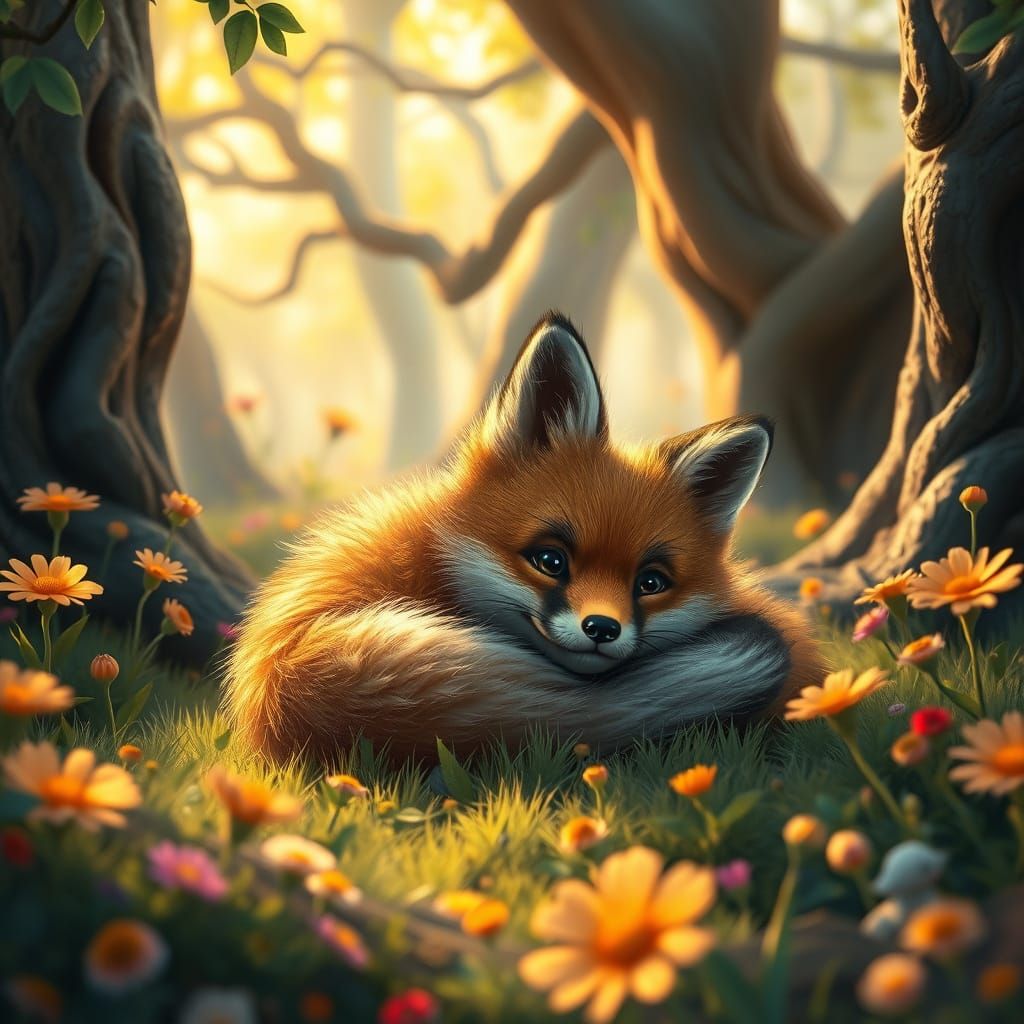Whimsical Baby Fox in a Vibrant Forest