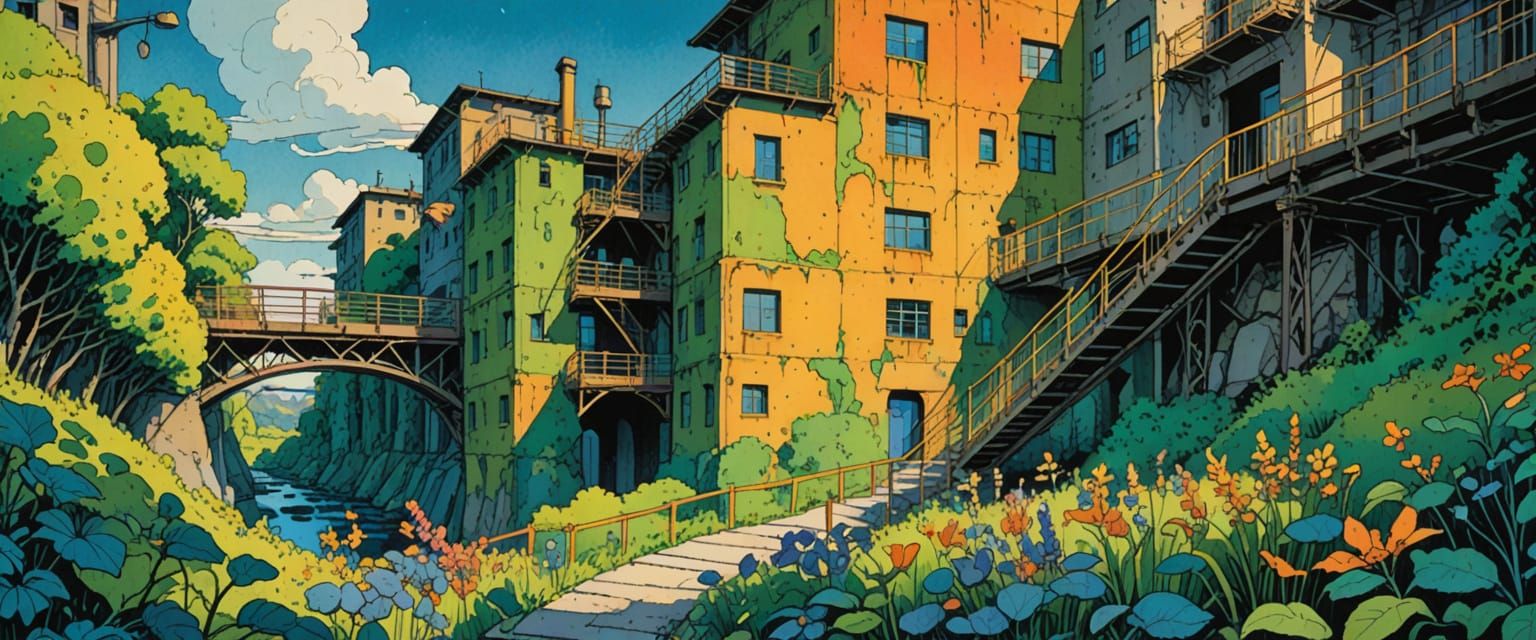 Watercolor Factory Scene in Comic Book Style