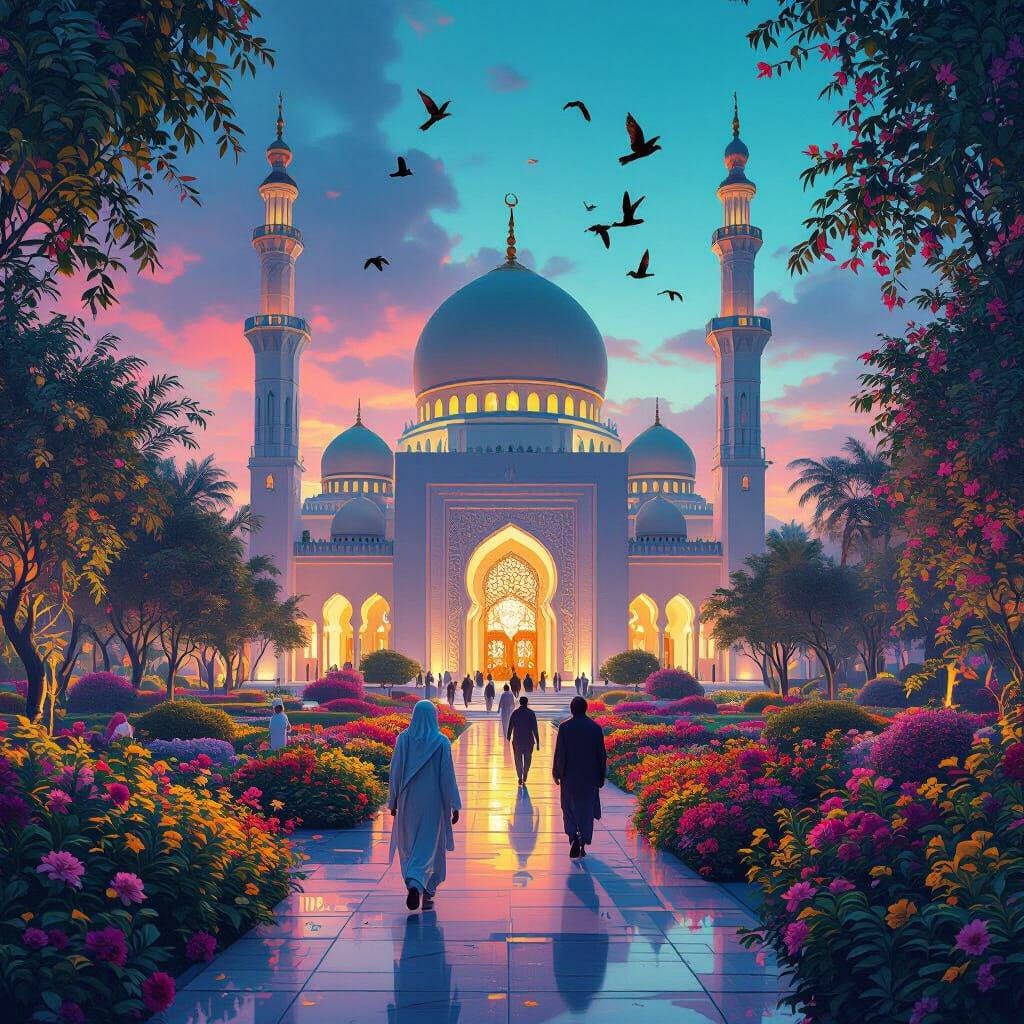 Majestic Masjid in Neon Garden with Birds