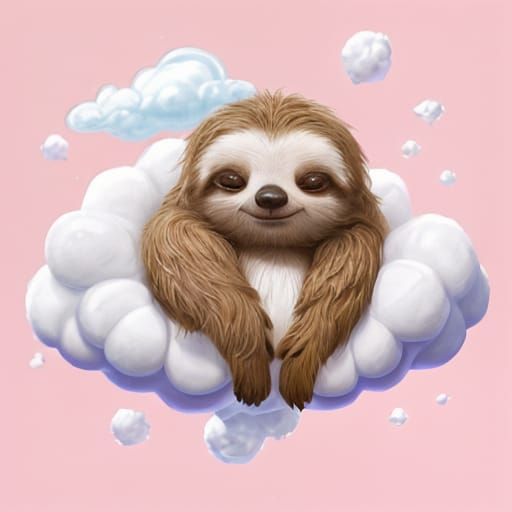 Cute Baby Sloth Sleeping on Cloud, 3D Render