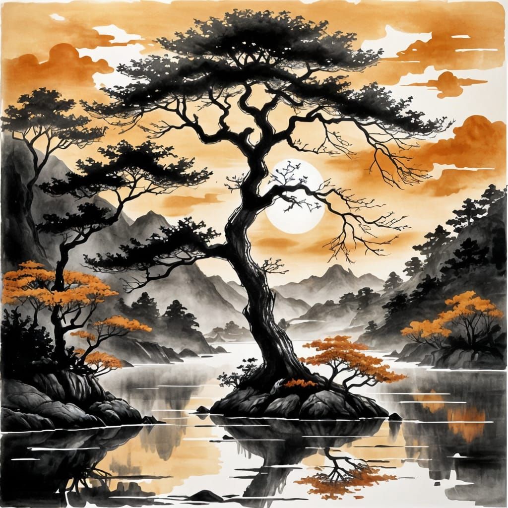 Surreal Chinese Ink Painting of a Majestic Tree at Sunset