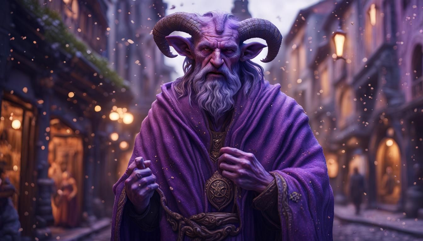 Wizard Satyr in Starry Cloak on Medieval Street