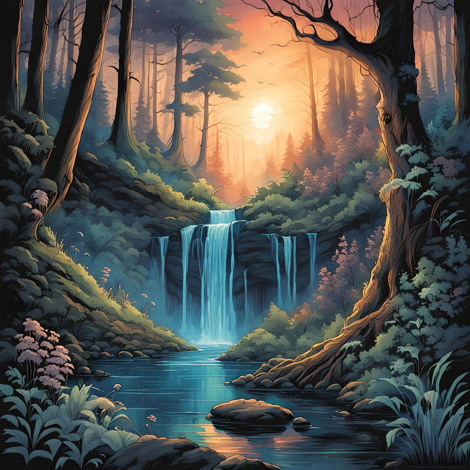 Bioluminescent Forest Waterfall at Twilight in Watercolor