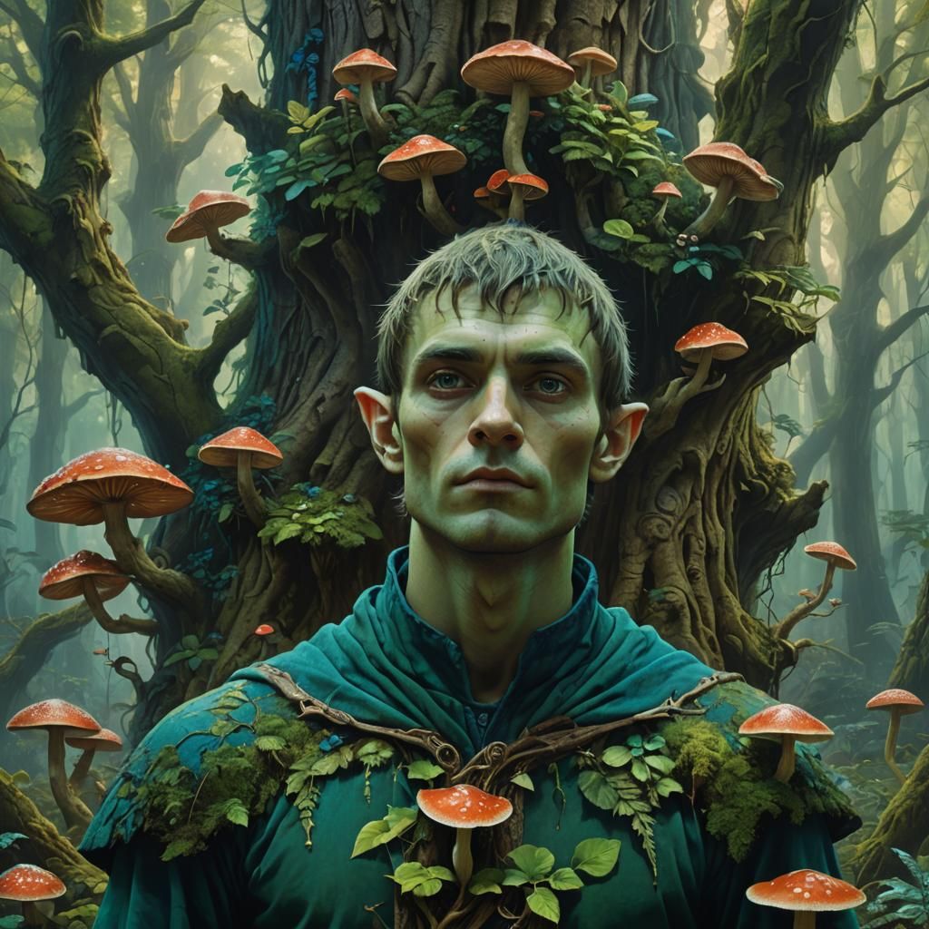 Elf-Human Hybrid in Lush Forest, Digital Matte Painting