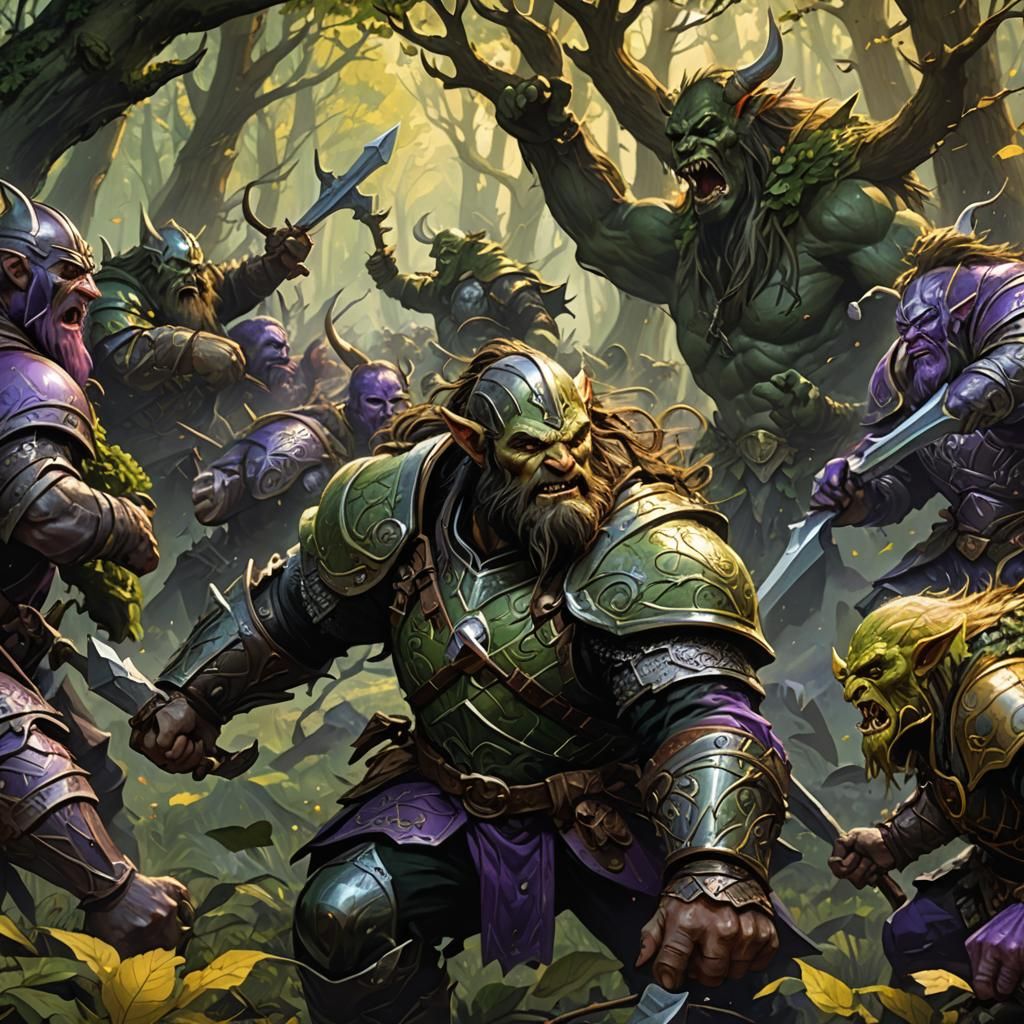 Gimli Battles Orcs in a Dark Fantasy Forest