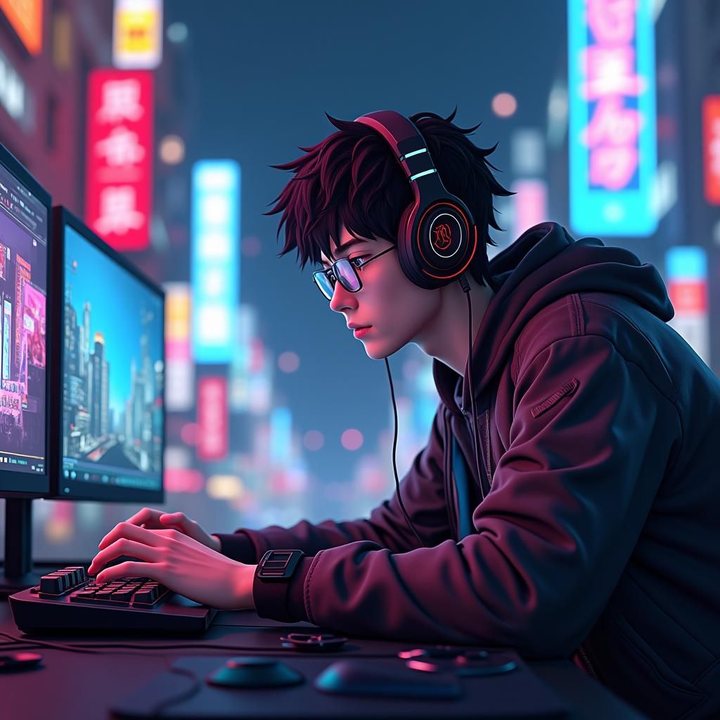 Intense Gamer in Tokyo-Inspired Cyberpunk Scene