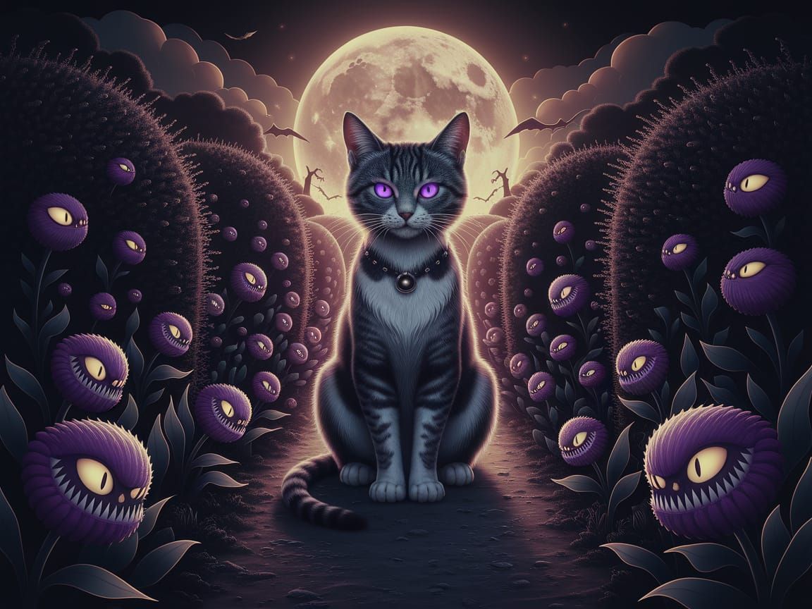 Eerie Moonlit Garden with Gigantic Glowing-Eyed Cat