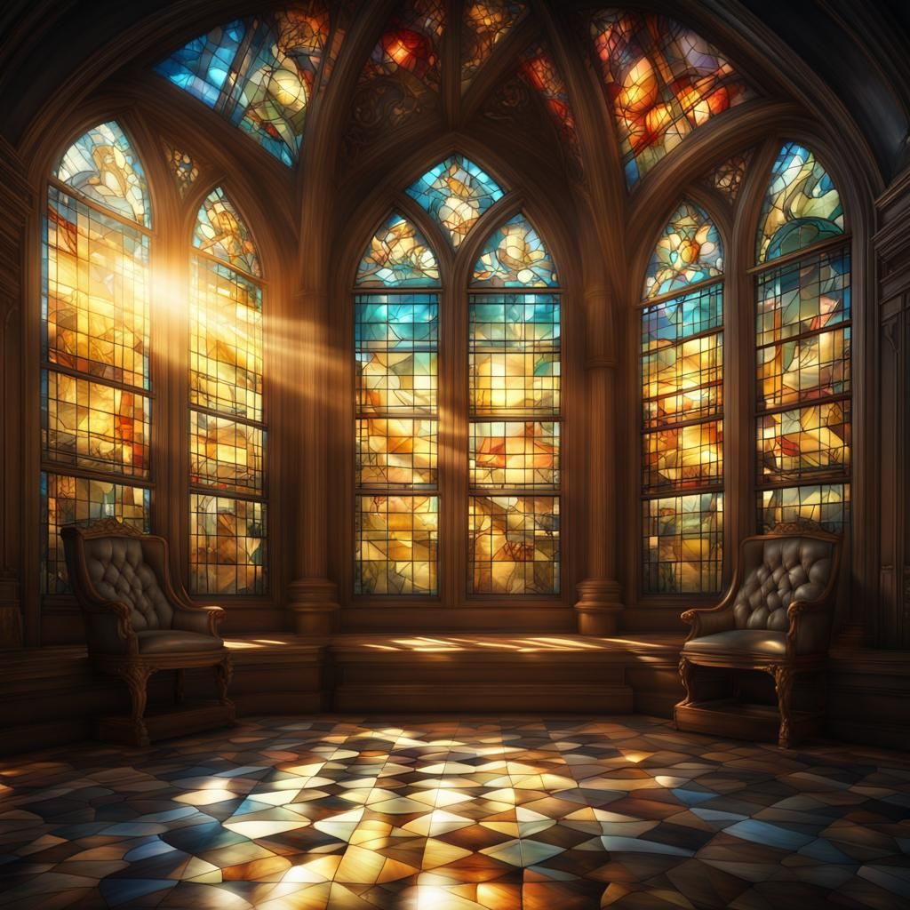 Stained Glass Chessboard with Sunrays, Digital Painting
