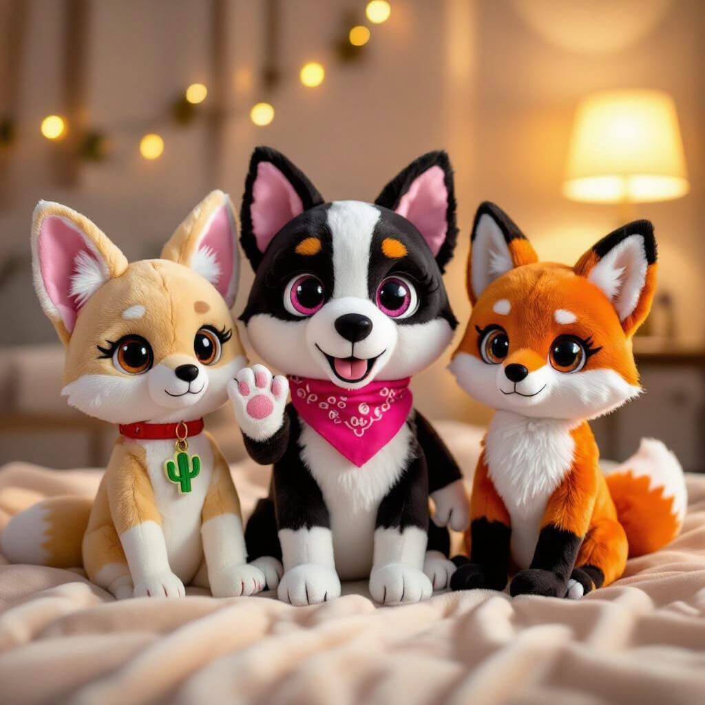 Robotic Plush Toys Posed on Velvety Blanket