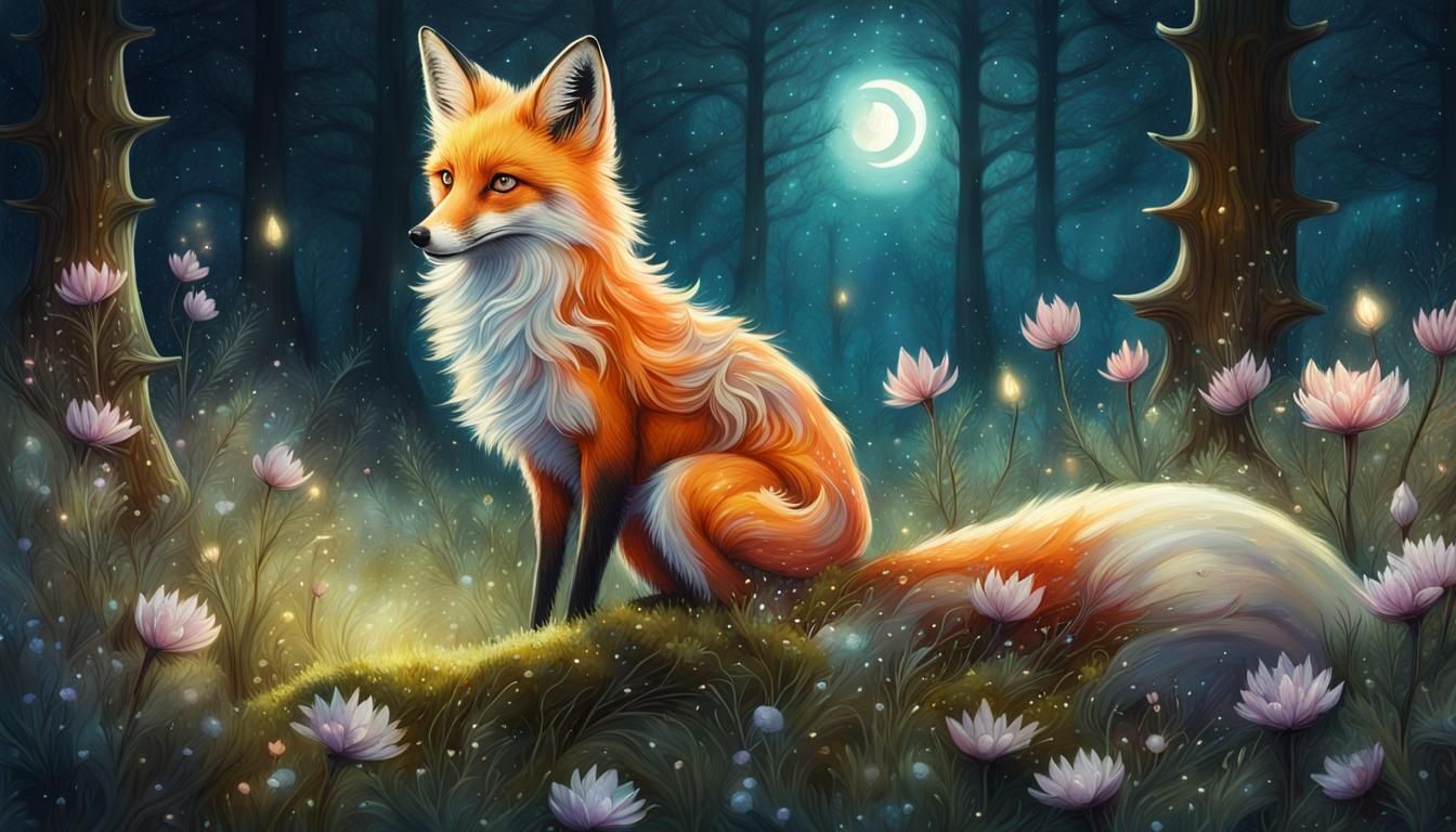 Fantasy Fairy Fox in Moonlit Flower Forest