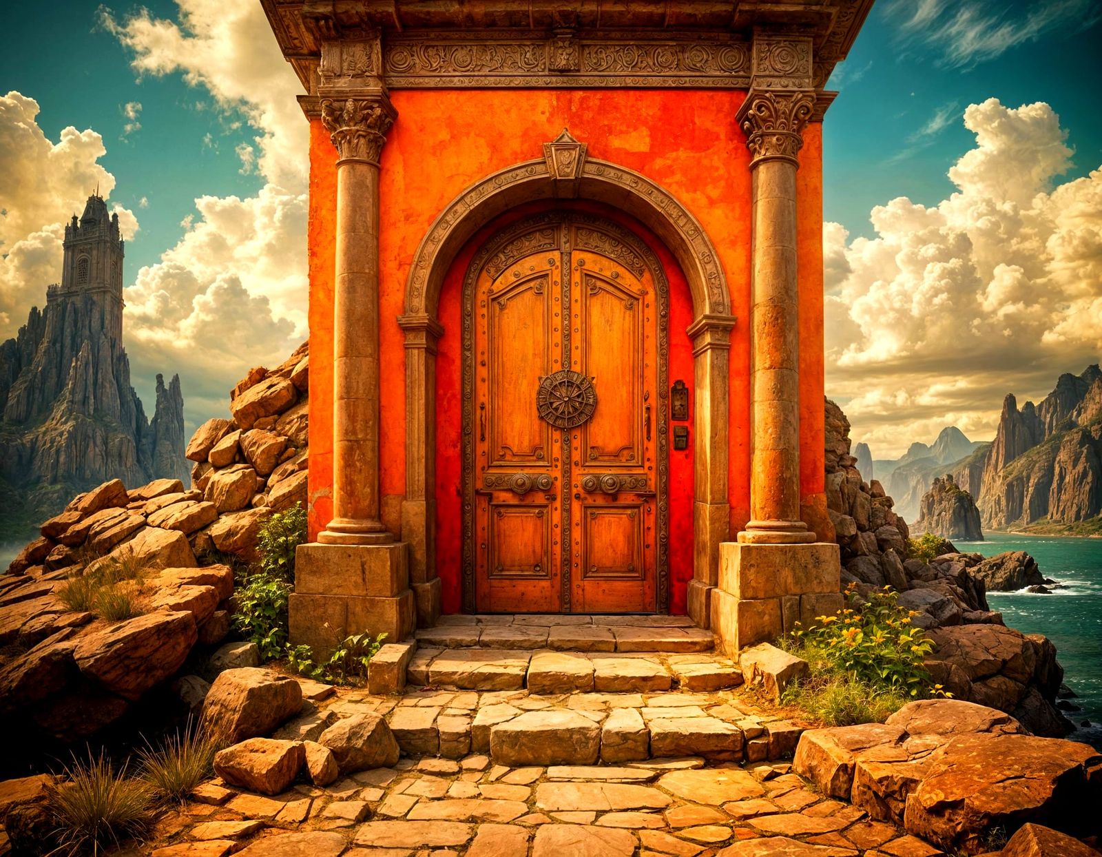 Steampunk Door to Future Kingdom, Crackled Watercolor