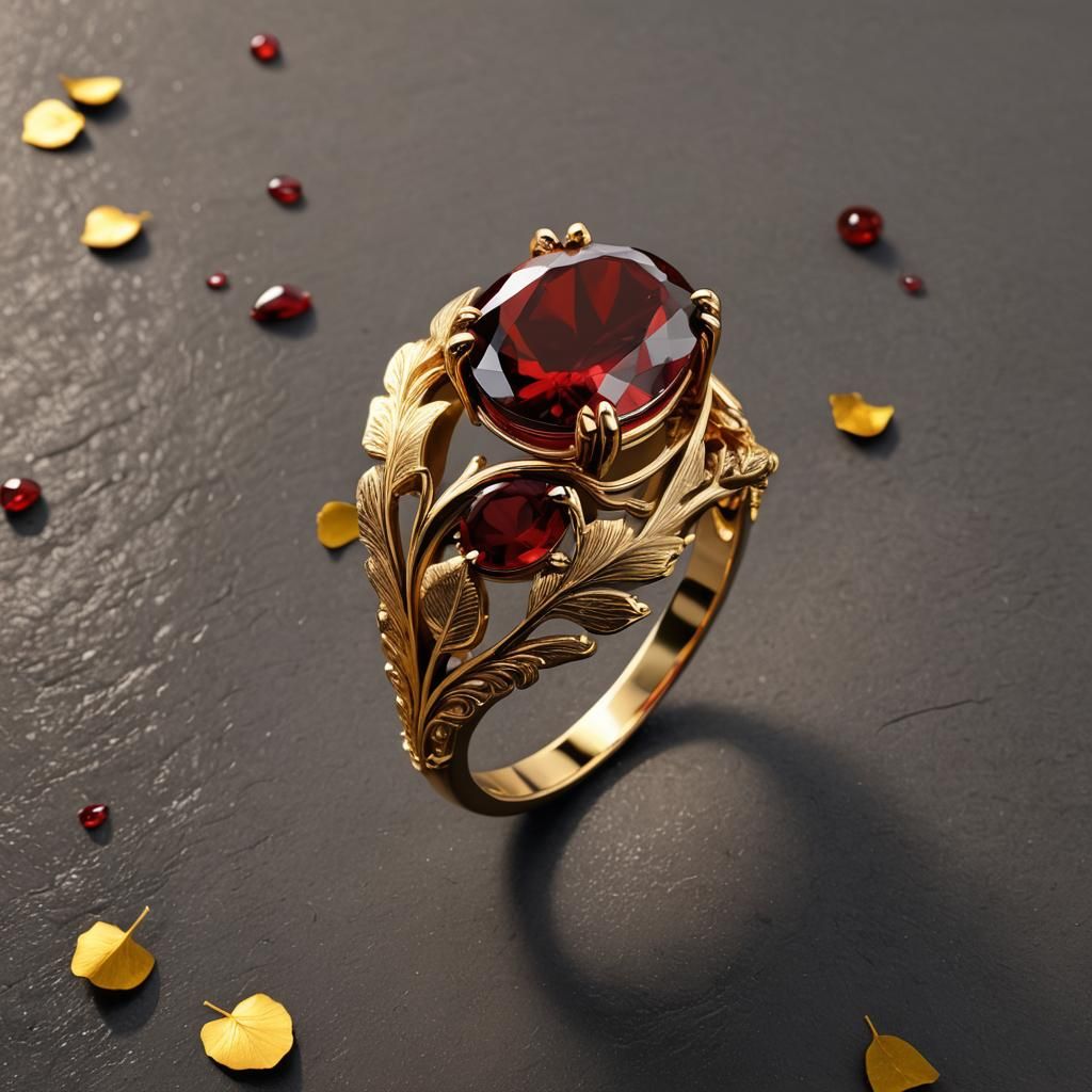 Garnet Ring with Ginkgo Leaf Detail, Matte Painting