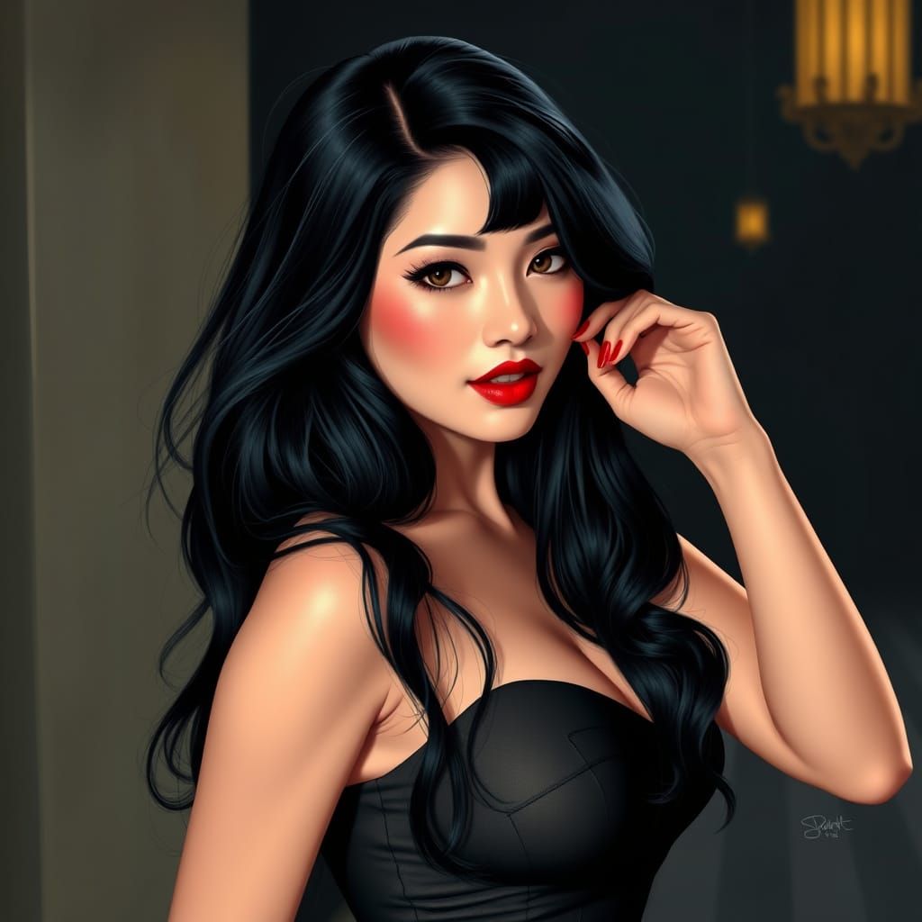 Sensual Asian Pin-Up Goddess in Luxurious Golden Age Style