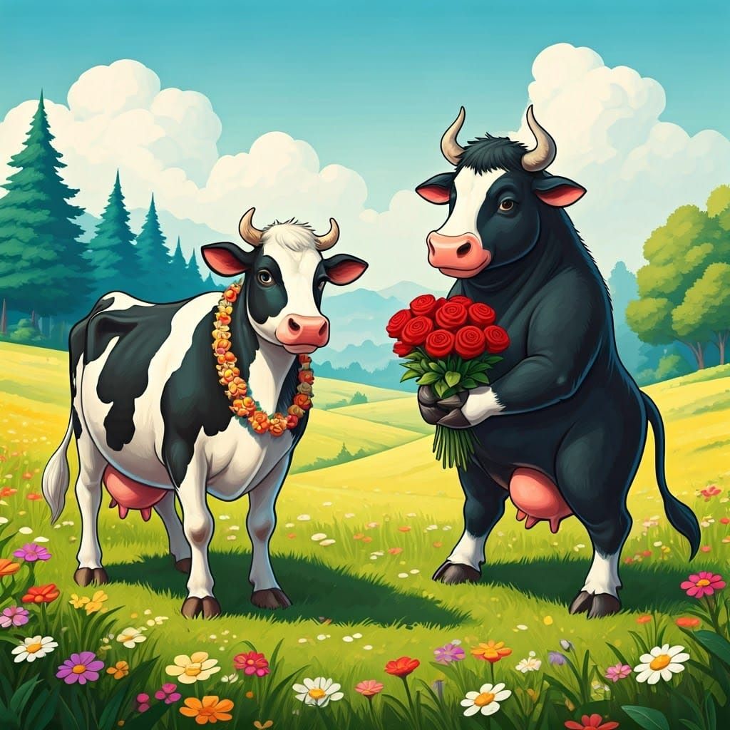 Cartoon Cow Enchanted by Charming Bull with Red Roses