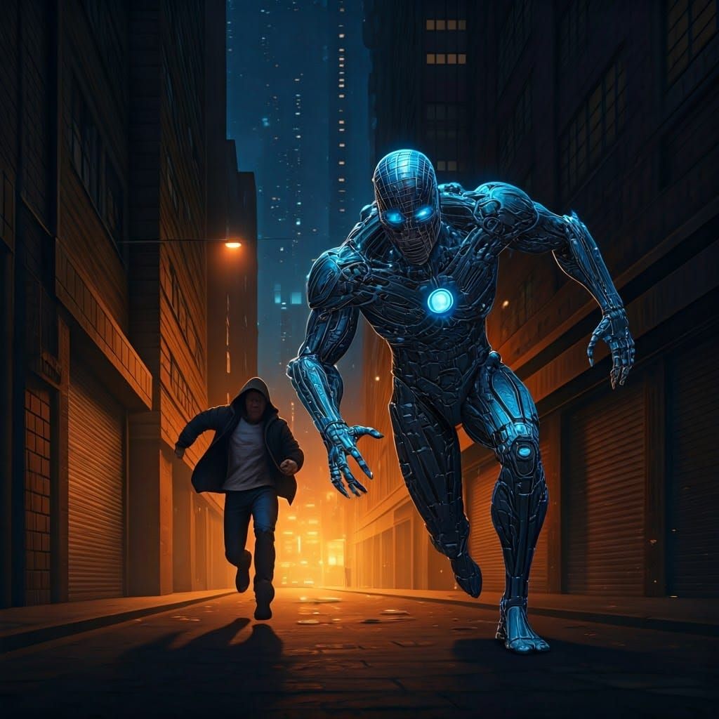 Hero Wire Man Chases Criminal in Gritty Cyberpunk City