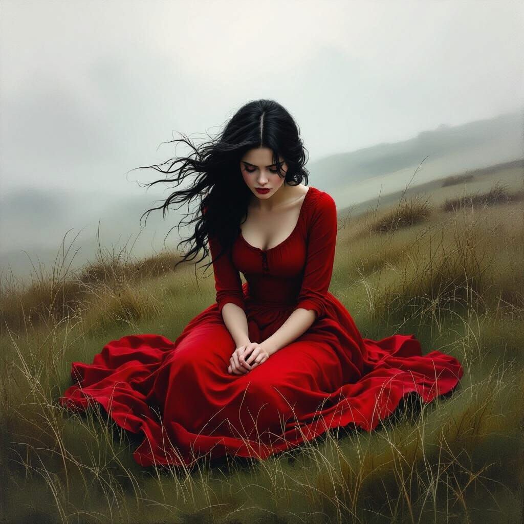 Girl Crying on Windswept Moor in Oil Painting Style