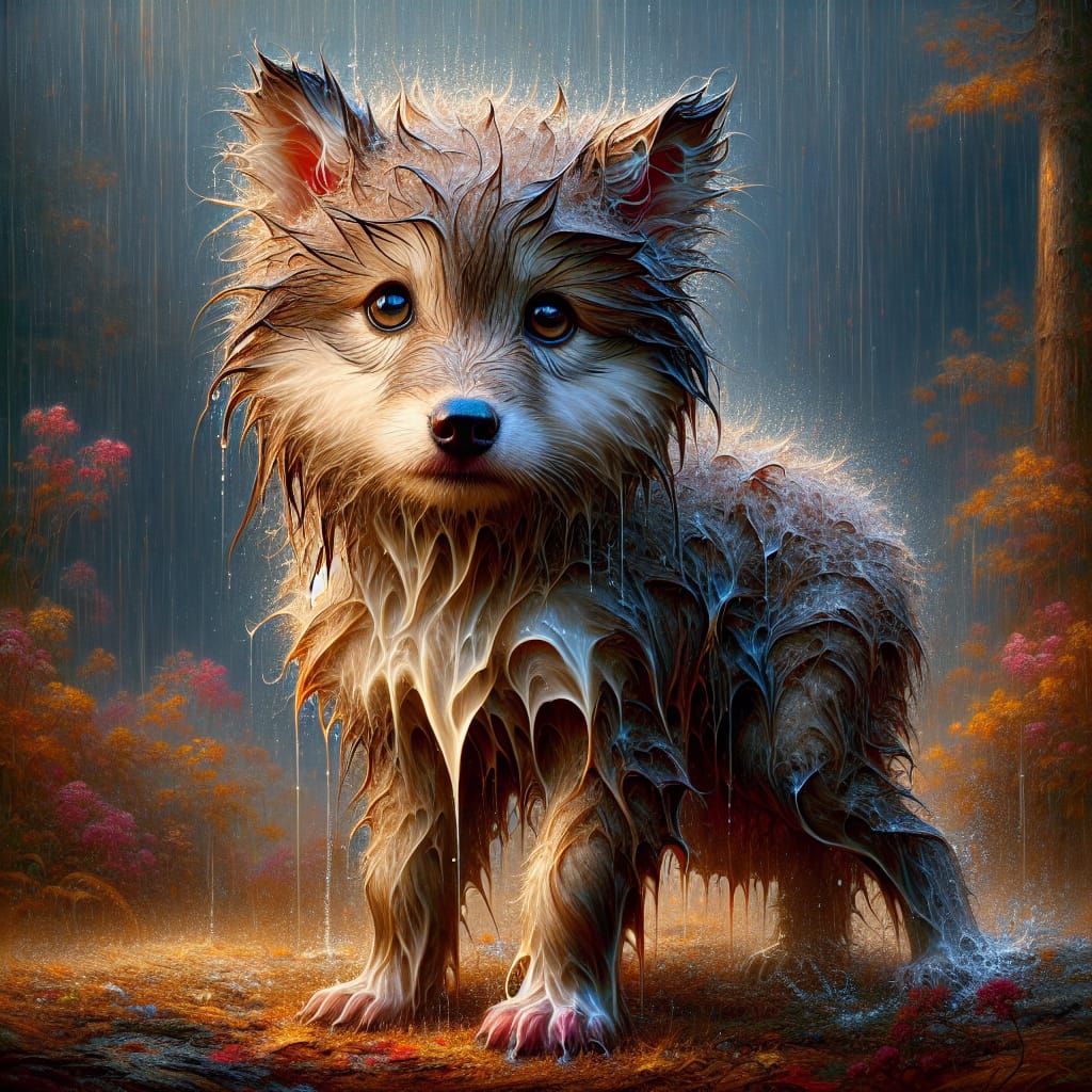 Wet Baby Wolf in Romanticism Style