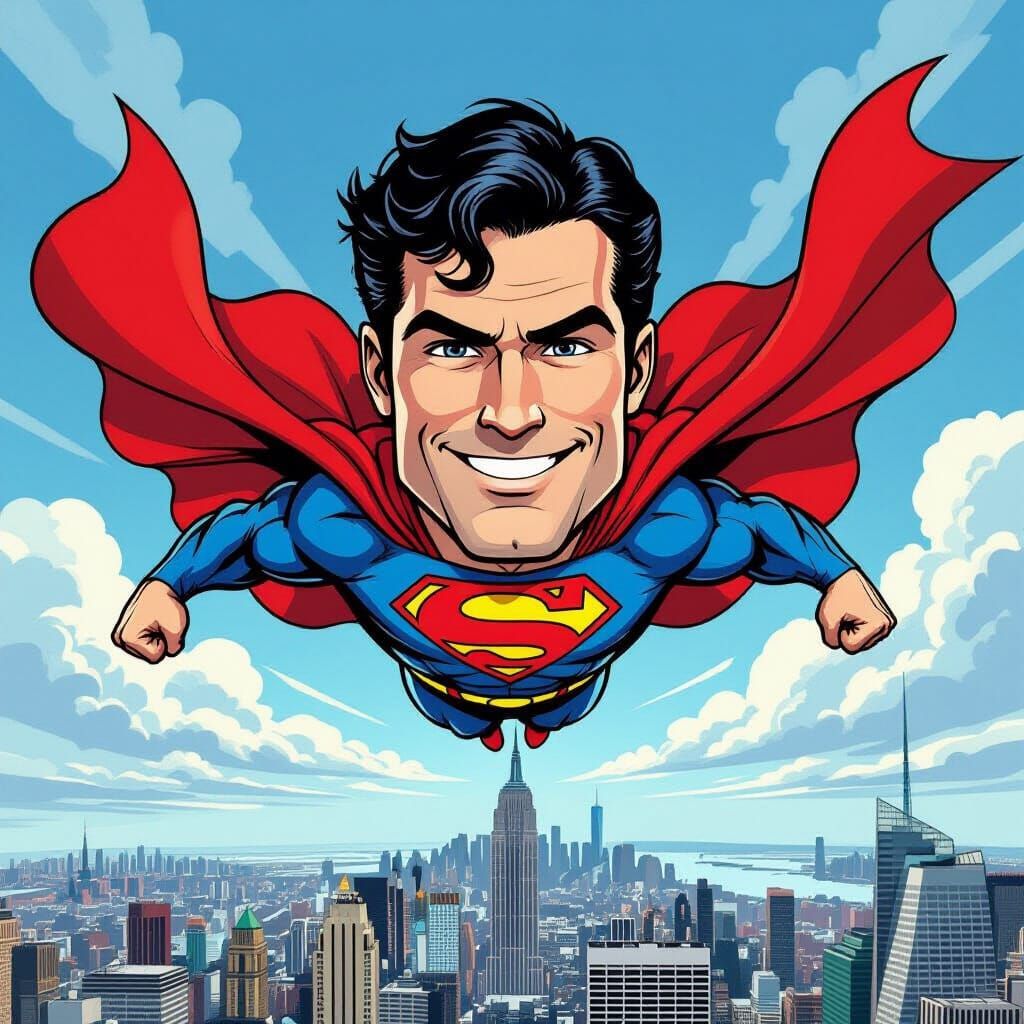Caricature Superman Flies Over NYC Skyline