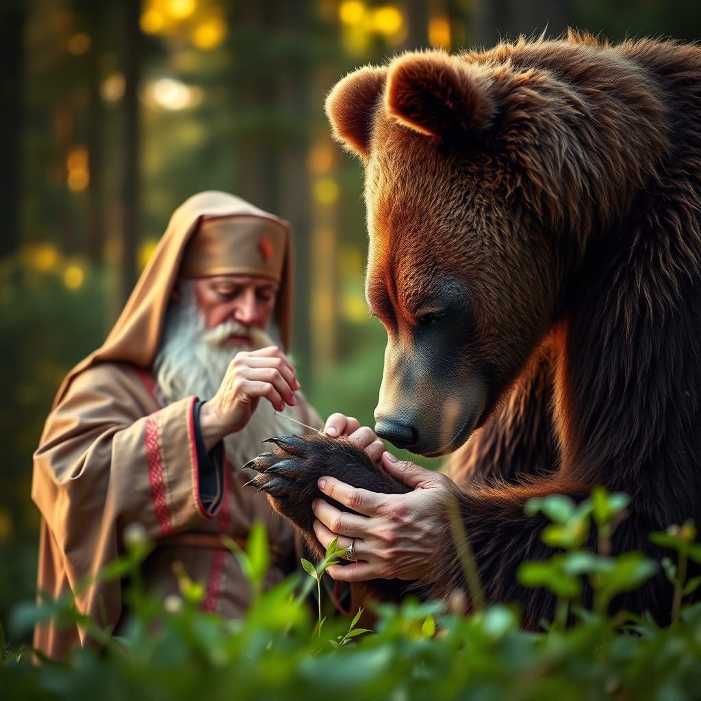 Saint Seraphim Removes Thorn from Bear's Paw in Serene Fores...