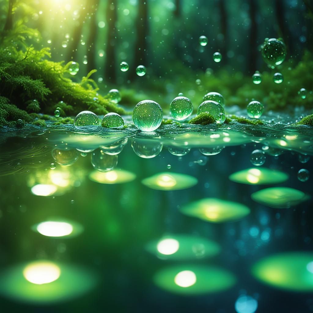 Ethereal Sparkling Water in Mystical Forest: Macro Photograp...