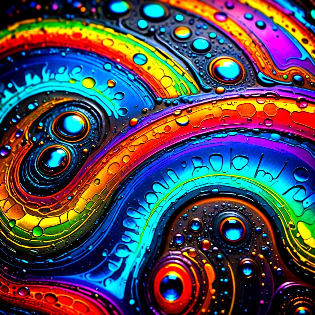 Rainbow Petroglyph Speeding Through Liquid Light Vortexes